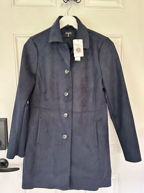 Tahari Dark Navy Button-Front Long Coat